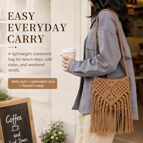 Fjquamitix Straw Cross Body Bag Women Boho Macrame Handmade Crochet Bag With Zipper Closure Fringe Shoulder Beach Purse Summer Handbags Travel Vacation Daily Use (Coffee) — view 6