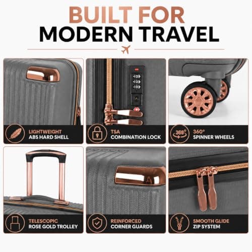 XPLR 4 Piece Hard Shell Luggage Set - Durable ABS Lightweight Suitcase - 14" 20" 24" 28" Cabin Carry On - TSA Lock - 360° Spinner Wheels - Rose Gold Trim & Vanity Case (Urban Graphite) — view 3