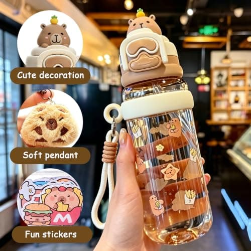 3 PCS SET Capybara Water Bottle, with Cup, Sticker and Pendant, 600 ml, White Plastic Construction, School Hydration Bottle, Outdoor Sports Companion, Capybara Enthusiast Gift, Travel Drinking Cup — view 3