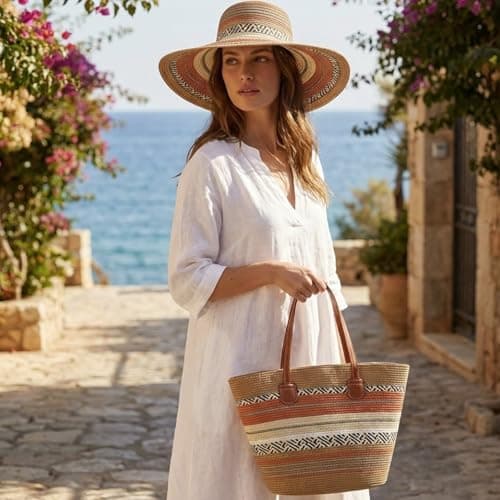 Kouoybt Women Straw Tote Bag and Straw Hat Set Striped Beach Hat and Bag Set Large Capacity Shoulder Bag (Style 3, One Size) — view 4