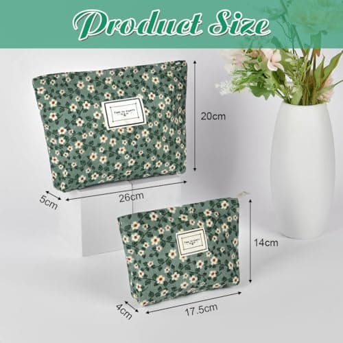Aucuu Cosmetic Bags, 2 Pcs Small Floral Canvas Cosmetic Bag, Rose Flower Printing Corduroy Toiletry Bag, Multifunctional Travel Makeup Bag with Metal Zipper for Women Girls Gift — view 2