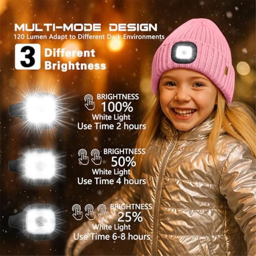 ATNKE Kids LED Lighted Beanie Hat,USB Rechargeable 4 LED Running Headlamp Hands Free Head Torch Cap with Light Winter Warm Fleece Lined Knit Beany Gifts for Boys and Girls/Pink — view 6