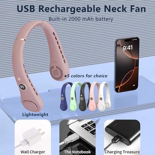 Bladeless Neck Fan, USB Rechargeable Hands-Free Portable Fans with LED Display, 5 Speeds Operated Adjustable 360° Airflow Cooling Wearable Fan for Men Women Sporting Travelling Working (Pink) — view 6