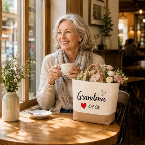 RUHSNJK Grandma Gifts, Grandma Birthday, Beige Jute Tote Bag and Best Grandma Ever Keyring, Practical Shopping and Travel Gift from Grandchildren — view 2