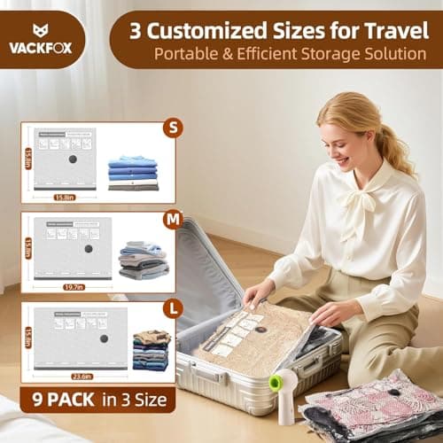 VACKFOX Travel Vacuum Bags with Rechargeable USB Pump, 9 Pack Carry-On Size Vacuum Travel Bags for Luggage & Suitcase, Vacuum Bags for Travel, Space Saver Compression Bags for Clothes & Clothing — view 2