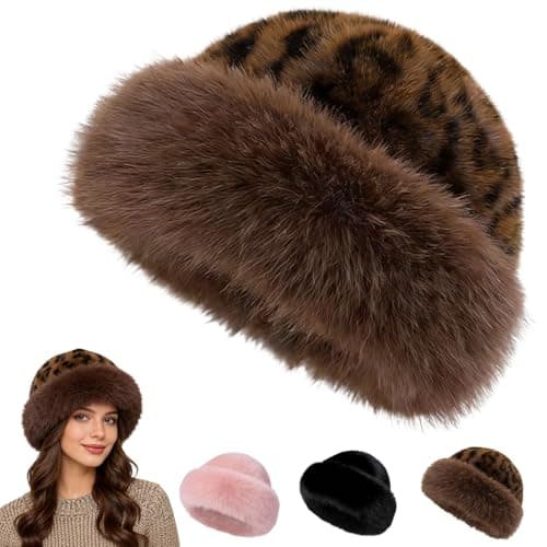 Faux Fur Bucket Hat for Women, Russian Style Winter Fluffy Fuzzy Ladies Hats Travel Hiking Work Home, Chapeau Fourrure Femme Winter Fashion Gift (Leopard)