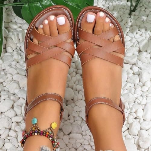 Ladies Sandals Womens Flat Sandals Cross Strappy Open Toe Sandal Elastic Strap Hiking Sandal Casual Travel Breathable Flip Flop Womens Wide Fit Slippers Ladies Summer Beach Shoes — view 5