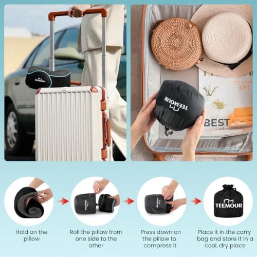 Teemour Neck Pillow Airplane Memory Foam Travel Pillow With Support Includes Storage Bag, Eye Mask, Earplugs, Adjustable Travel Pillow for Long Flights, Train, Car & Business Trips (Black) — view 6