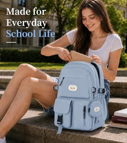 BECOJADDE Backpack School Bag for Women and Girls, 15.6" Laptop, Blue 25L — view 2