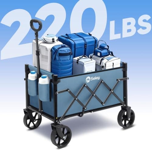 Sekey 220LBS Folding Festival Trolley on Wheels, Heavy Duty Camping trolley with All-Terrain Wheels, Portable Beach wagon, Adjustable Handle, Space-Saving Cart for Shopping Outdoor - Blue — view 4