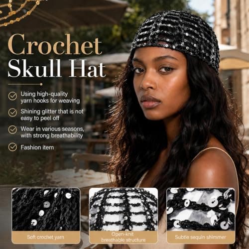 DVDVBOOM Women's Sequin Crochet Skull Cap Beanie Handmade (Black) — view 3