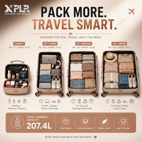XPLR 4 Piece Hard Shell Luggage Set - Durable ABS Lightweight Suitcase - 14" 20" 24" 28" Cabin Carry On - TSA Lock - 360° Spinner Wheels - Rose Gold Trim & Vanity Case (Champagne Pearl) — view 6