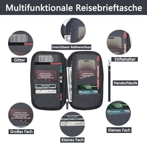 HSYTEK Passport Organiser with 8 Pockets, Waterproof Passport Cover, Travel Documents Organiser, Family Travel Organiser Documents for Flight Tickets, Money, Mobile Phone, Credit Cards, ID, Travel — view 2