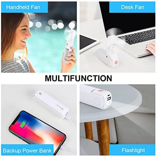 LYMYBETY Portable Handheld Fan, USB Rechargeable Mini Hand Held Travel Fans, Folding Pocket Fan with 3 Speeds, 24 Working Hours, Small Personal Desk Flashlight for Home Outdoor Use, White — view 4