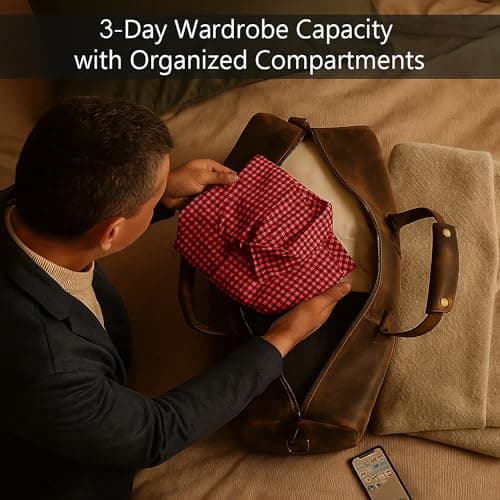 Leather Holdall Bags for Men - Travel Overnight Duffle - Weekend Carry On Suitcase - Underseat Flight Cabin Duffel Bag, Mulberry — view 4