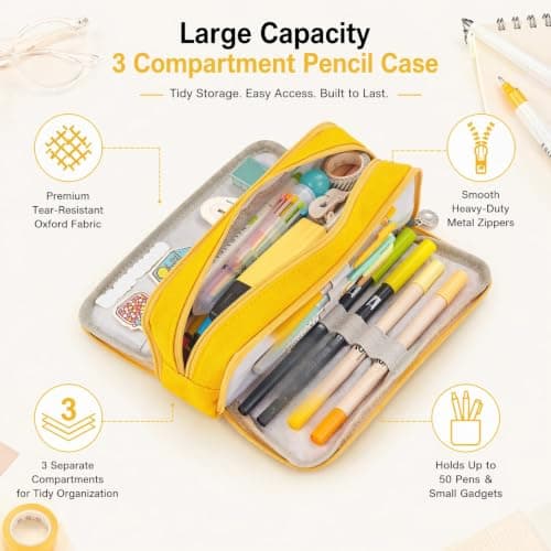 Large Capacity Pencil Case 3 Compartment Pouch Pen Bag for School, Yellow — view 2