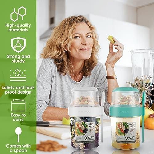 3 Pack Reusable Overnight Oats Storage Yogurt Pots 870ml Breakfast Salad Cereal Cup with Lid Spoon Portable Oatmeal Breakfast On the Go Jar Dishwasher Safe Snack Meal Container for School Travel — view 4
