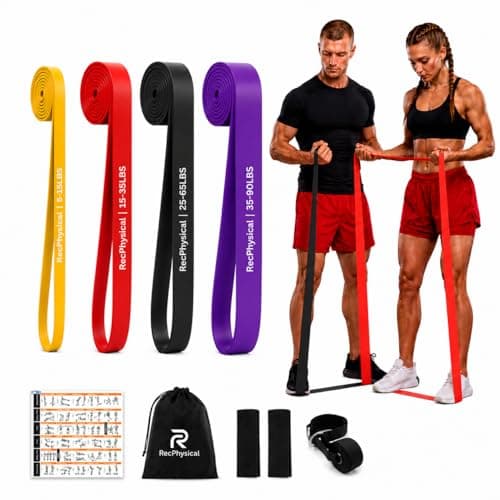 RecPhysical Resistance Bands Set for Men & Women - 4 Levels Exercise Band with Grip Pads and Door Anchor, Pull Up Bands for Strength Training, Stretching, Powerlifting, Home Workouts(5-90LBS)
