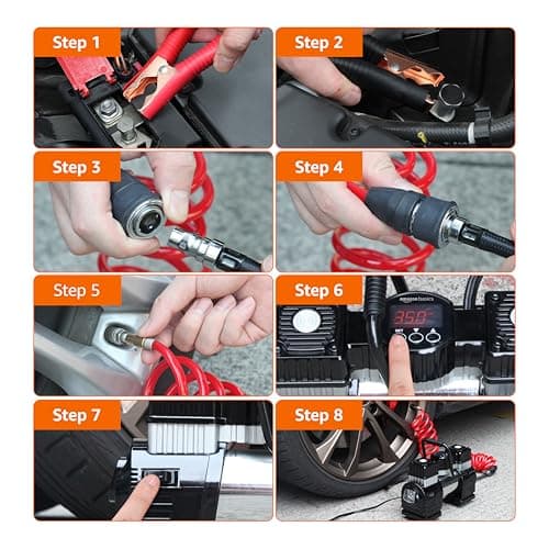 Amazon Basics Portable Digital Air Compressor, Heavy Duty Tyre Inflator with 12V DC Dual Cylinder, 120 PSI, 60L/Min, Auto Shut-Off, LED Light, 5M Hose, Battery Clamps, Carrying Case, Black/Red — view 5
