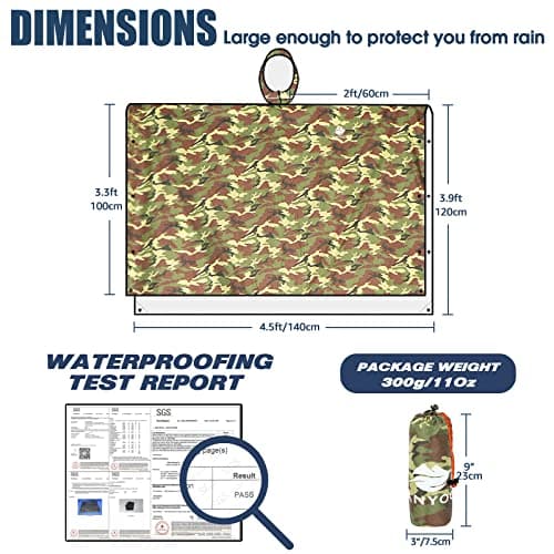 ANYOO Waterproof Rain Poncho Lightweight Reusable Hiking Rain Coat Jacket with Hood for Outdoor Activities,Camo Green,One Size — view 5