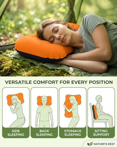 Ultralight Inflatable Pillow, Compressible Compact Comfortable Ergonomic Inflatable camping pillow with Storage Bag for Neck Support Blow Up Pillow for Hiking Camping Traveling Orange 42*31*10cm — view 4