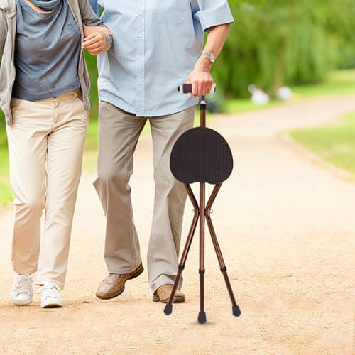 Walking Stick with Seat, Portable Folding Walking Cane with LED Light, Non-slip Rubber Base, 5 Gears Adjustable Height, Max. 330 lbs, 3 Legged Shooting Stick for Seniors Travel Hiking — view 4