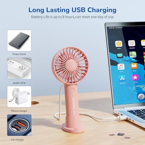 Morelax Handheld Fan, USB Rechargeable Mini Portable Fan with Base, 10H Battery, Strong Wind, Small & Powerful, Cute Design for Travel, Makeup, Girls Women Summer Gift (Pink) — view 3