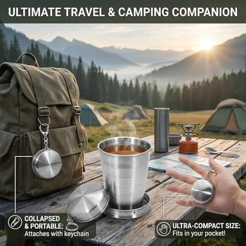 OWATRKDEY 1 Pack Stainless Steel Collapsible Cup, Portable Folding Shot Glass with Lid & Keychain, Compact Travel Cup for Camping, Hiking & Outdoor Use (Silvery, 2.5 oz / 75 ml) — view 3