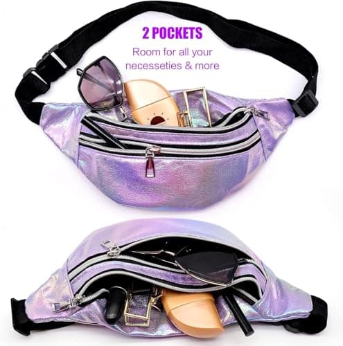 Waist Fanny Pack for Women Waterproof PU Bumbags for Ladies Fashion Shiny Bum Bag with Adjustable Belt for Dog Walking Hiking Travel Cycling (Purple) — view 3