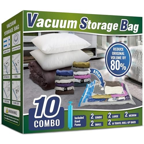 Oumaru Vacuum Storage Bags for Clothes, Vacuum Bags, Space Saver Bags for Clothes, Duvets and Pillows, Hand Pump Included, 10 Combos