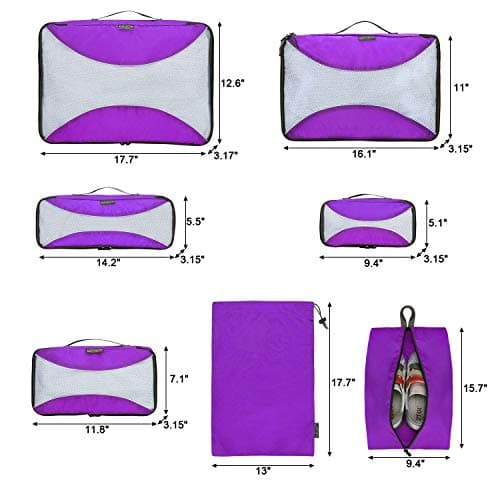 G4Free 3/6/7 Pieces Packing Cubes Organiser for Suitcase, Foldable Clothes Bag, Shoe Bag, Packing Cubes for Clothes, Luggage, Travel Set, Purple, (S+Slim+M+L+XL+Drawstring Bag+Shoes Bag)-7 Pieces — view 2