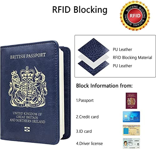 UK Passport Cover, RFID Blocking PU Leather Passport Holder Blue Band — view 6