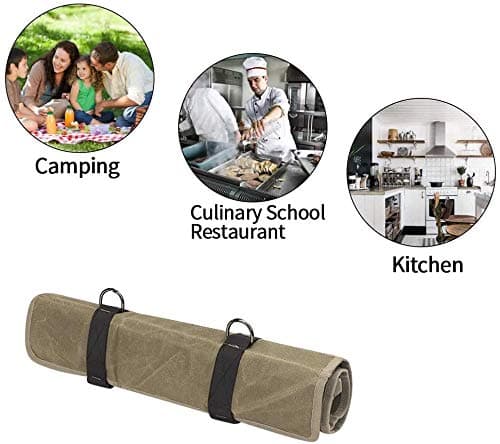 QEES Chefs Knife Roll Bag 11 Slots, Heavy Duty Waxed Canvas Knife Bag, Waterproof Knife Case for Camping, Hiking, Multi-function Tool Roll Bag (Army green) — view 4