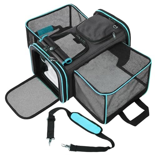 Soft Sided Portable Cat Carrier with Extendable Space & Fleece Bed Foldable Pet Carrier for Cats/Small Dog/Bunnies With Adjustable Shoulder Strap & Removable Mat (Blue)
