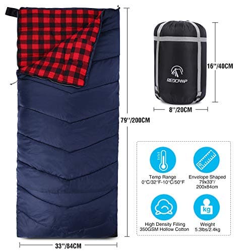 REDCAMP Cotton Sleeping Bag for Adults,3-4 Season, Flannel,Red 2lbs — view 2