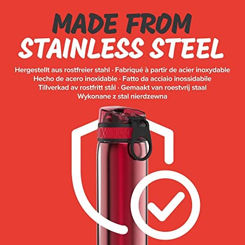 Ion8 Lightweight Steel Water Bottle, 600ml/20oz, Non-Insulated, Leak Proof, Easy to Open, Secure Lock, Dishwasher Safe, Flip Cover, Fits Cup Holders, Carry Handle, Metal Water Bottle, Metallic Red — view 5