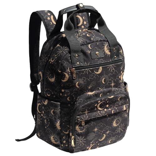 Diaper Backpack Large Capacity Multifunctional Baby Essentials Travel Pack Linen Canvas Laptop Bag, Corduroy Black Moon, L, Back Side Sleeve