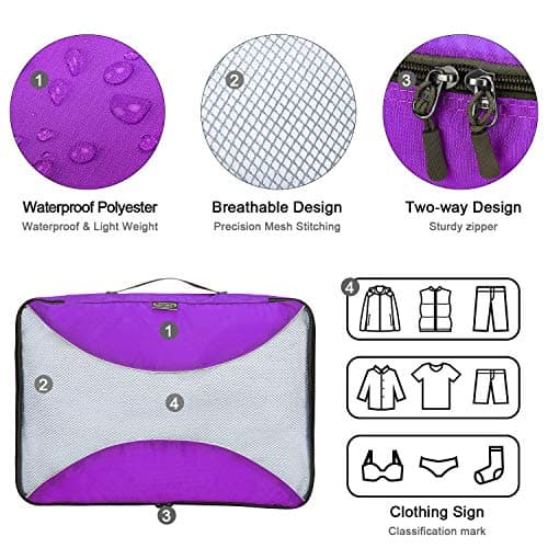 G4Free 3/6/7 Pieces Packing Cubes Organiser for Suitcase, Foldable Clothes Bag, Shoe Bag, Packing Cubes for Clothes, Luggage, Travel Set, Purple, (S+Slim+M+L+XL+Drawstring Bag+Shoes Bag)-7 Pieces — view 3