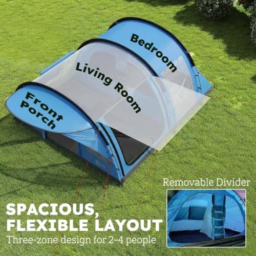 Outsunny 4 Person Easy Setup Family Camping Tent, 2 Rooms, Sky Blue & Grey — view 4