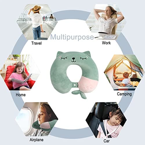Travel Pillow - Soft Memory Foam Neck Pillow for Adults, Kids, Children, Convenient & Portable U Shaped Pillows, Cute Animal Airplane pillow for Home, Office, Camping, Travelling, Sleeping (Green) — view 3
