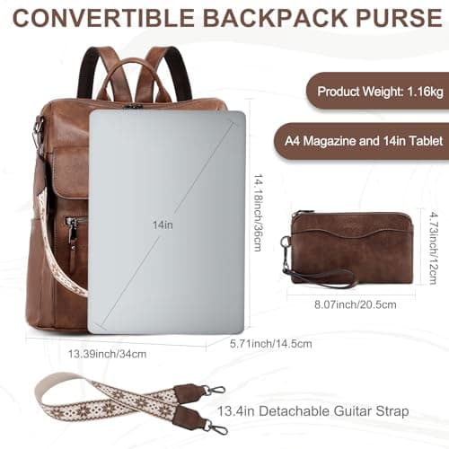 VASCHY Backpack for Women, Large Vegan Leather Rucksack with Wallet Set Convertible Handbag for Lady Guitar Strap — view 2