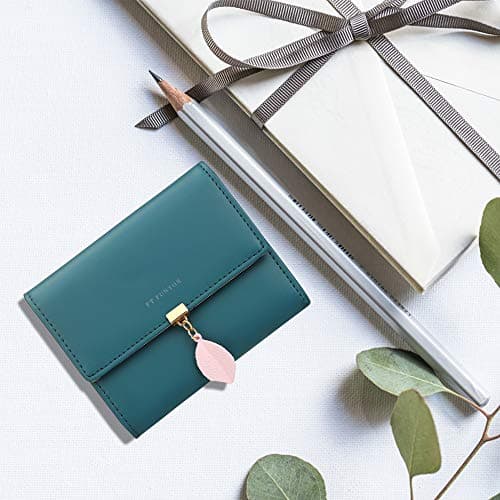 FT FUNTOR PU Leather Wallet for Women RFID-Blocking, Ladies Bifold Leaf Pendant Coin Zipper Small Purse with 5 Card Slots and 1 ID Window Card Holder Organizer(S-Teal Blue) — view 6