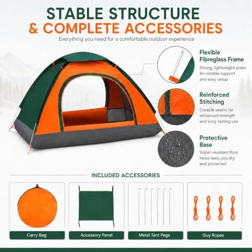 Veathzet 2–3 Person Pop Up Camping Tent, Waterproof Dome Tent with Double Doors & Mesh Windows, Easy Set Up Lightweight Festival Tent for Outdoor Camping, Hiking & Family Trips — view 5