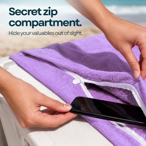 ITSA Terry Towelling Lightweight Beach Towel with Pockets & Handles | 100% Cotton Foldable Sun Lounger Cover | Carry Bag | Secure Storage Beach Towel. (LIght Purple) — view 6