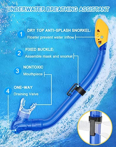 Gintenco Kids Snorkel Set, Dry Top Snorkel Mask Anti-Leak for Youth Junior Child, Anti-Fog Snorkeling Gear Free Breathing,Tempered Glass Swimming Diving Scuba Goggles 180° Panoramic View (Blue) — view 5