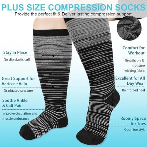 AOOWU Plus Size Compression Socks for Men and Women, 1 Pair Wide Calf Graduated Compression Stockings, Extra Large Knee High Stockings for Support Travel Running Pregnancy Edema Nurses, 20-30 mmHg — view 3