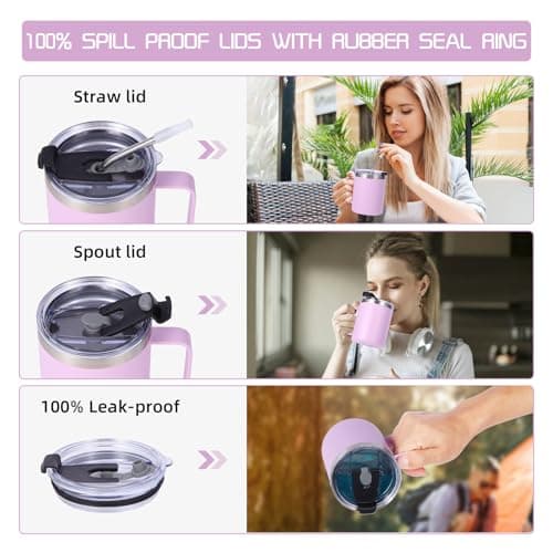 Volhoply 12oz Insulated Leakproof Coffee Mug with Sliding & Straw Lid,Double Wall Vacuum Stainless Steel Travel Cafe Tumbler Cup with Handle,Reusable Camping Mugs Keep Cold/Hot(Purple,1 Set) — view 4