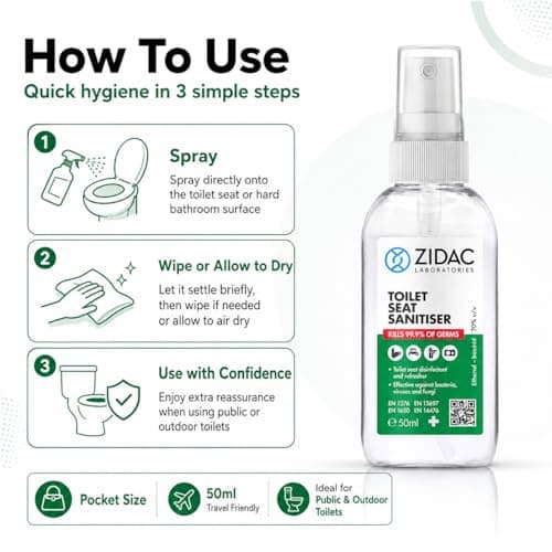Zidac Toilet Seat Sanitiser Spray 50ml, Pocket/Handbag Size Toilet Cleaner, 70% Ethanol Portable Bathroom Hygiene Spray for Public Toilets, Outdoor Toilets, Travel, Camping, Work, School & On The Go — view 4