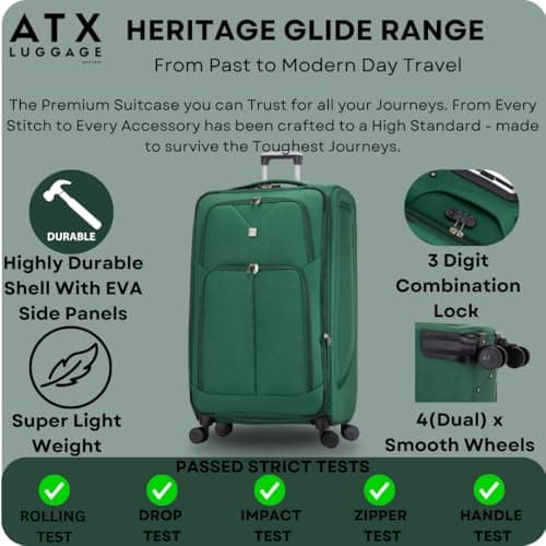 ATX Luggage 24" Medium Suitcase Soft Shell 73L Expandable Lightweight 20-23KG Hold Check in with 4 Spinner Wheels and Built-in 3 Digit Lock (Green) — view 2