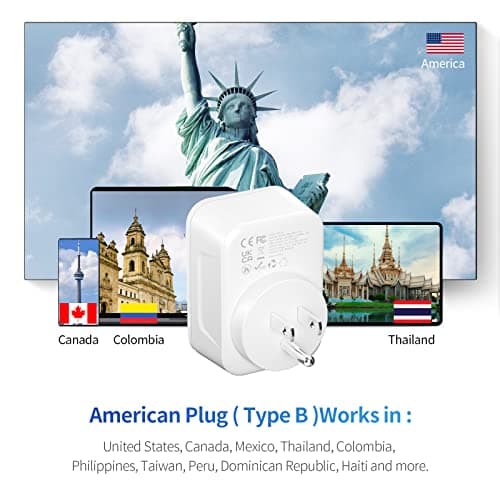 FSTravelP UK to US Plug Adapter with 4 USB Ports US Travel Adapter with 3 USB A & Type C Wall Plug USA Plug Adaptor UK to USA Travel Plug Trip to US Canada Mexico Thailand and More(Type B) — view 3